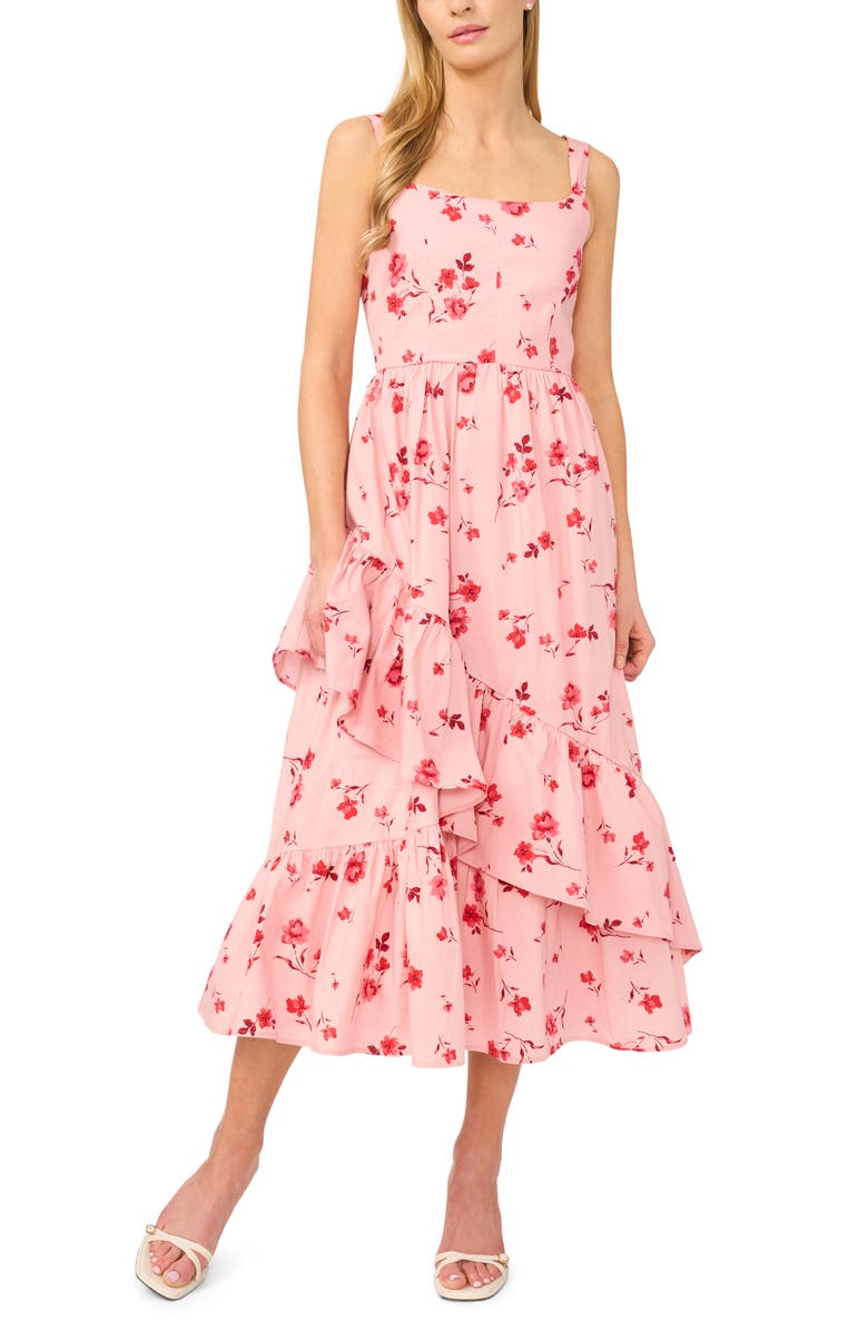 CeCe Floral Ruffle Detail Stretch Cotton Midi Dress, Main, color, Coral Bloom