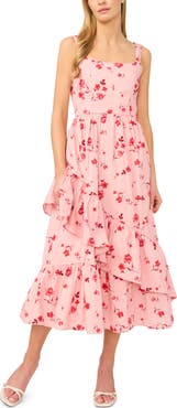 CeCe Floral Ruffle Detail Stretch Cotton Midi Dress