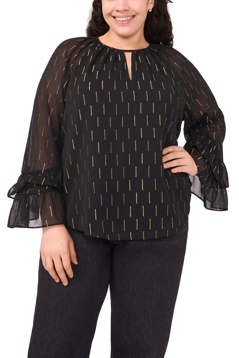 Metallic Clip Dot Tiered Sleeve Top, Main, color, RICH BLACK