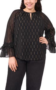 CeCe Metallic Clip Dot Tiered Sleeve Top