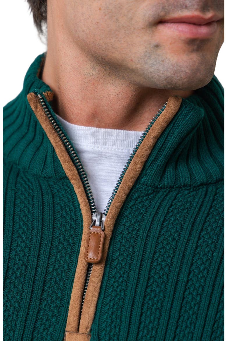 Men's Organic Half Zip Sweater with Suede Trim, Alternate, color, Deep Green Rib