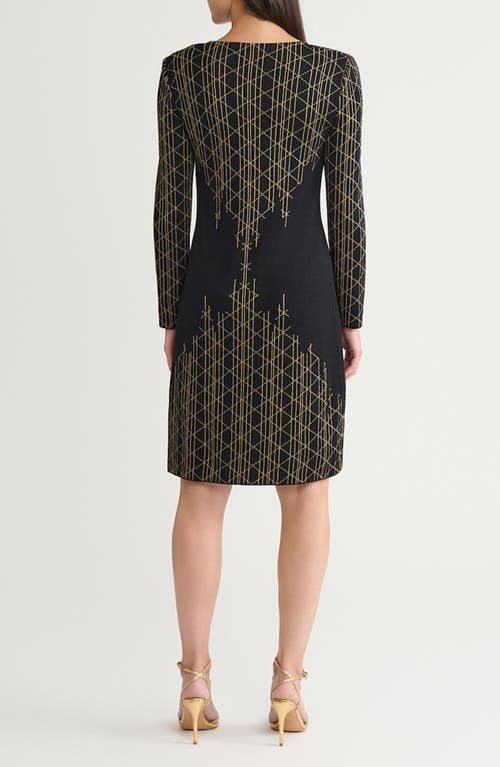 Ming Wang Art Deco Metallic Long Sleeve Sheath Dress In Multi