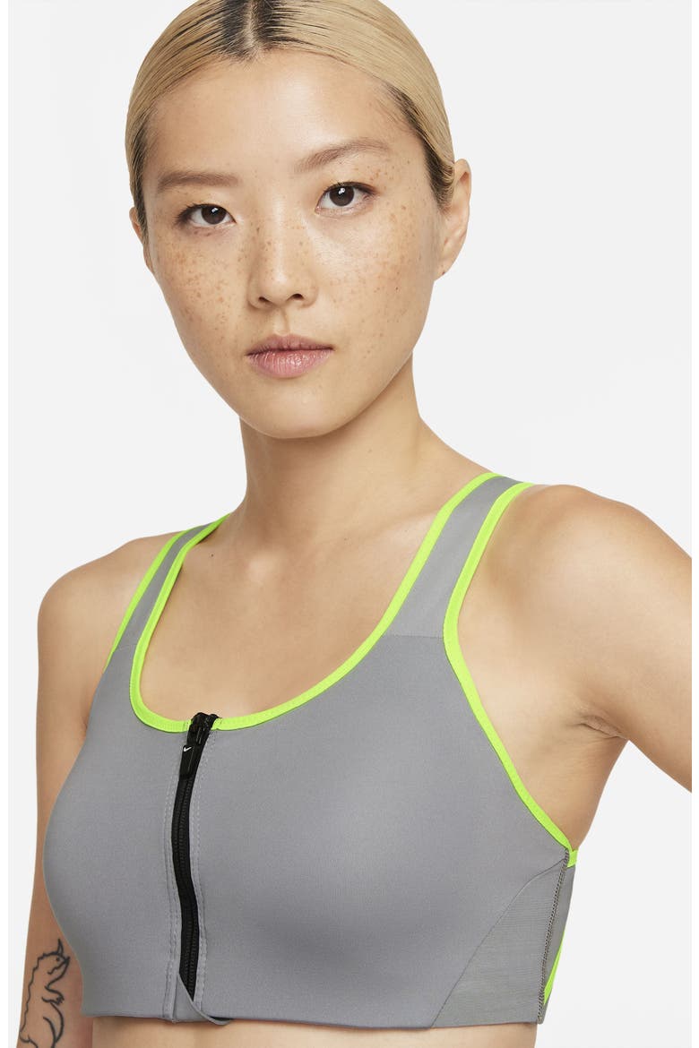Dri-FIT Shape Front Zip Sports Bra, Alternate, color, PARTICLE GREY/ GREY/ VOLT