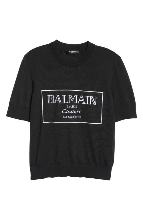 Balmain Logo Jacquard Short Sleeve Merino Wool Sweater In Eab Black/white