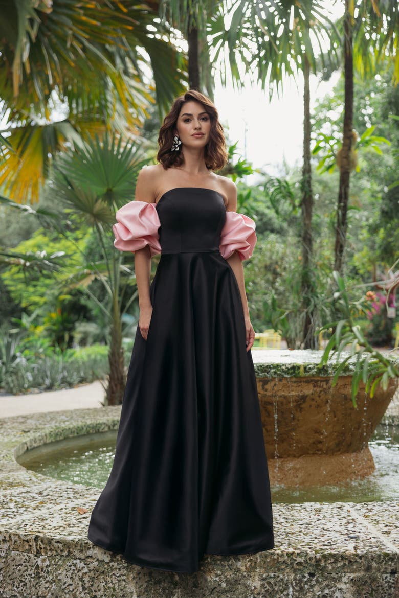 Satin Off The Shoulder Puff Sleeve Ball Gown, Alternate, color, Black Pink
