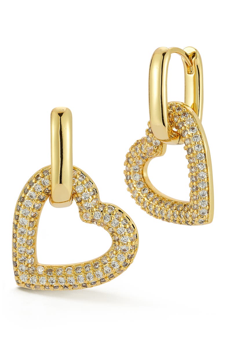 Cubic Zirconia Heart Drop Hoop Earrings, Main, color, GOLD