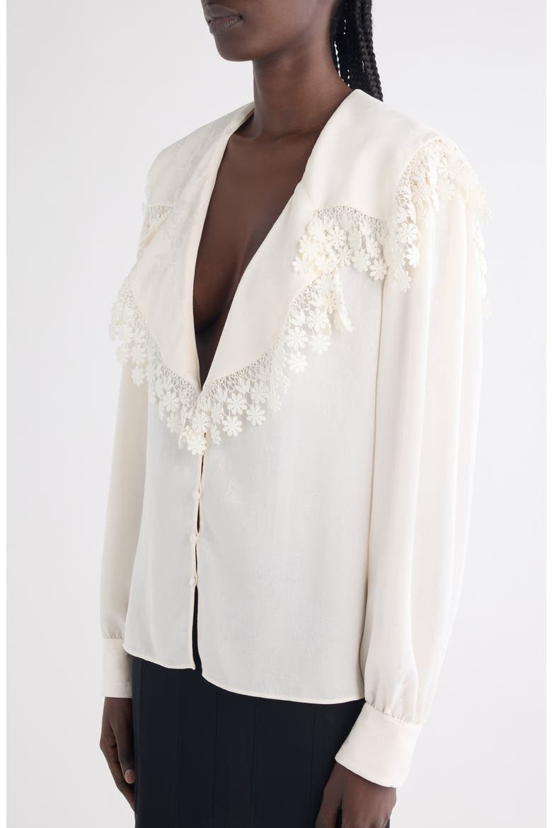 Floral Lace Trim Organic Silk Button-Up Shirt, Alternate, color, ICONIC MILK