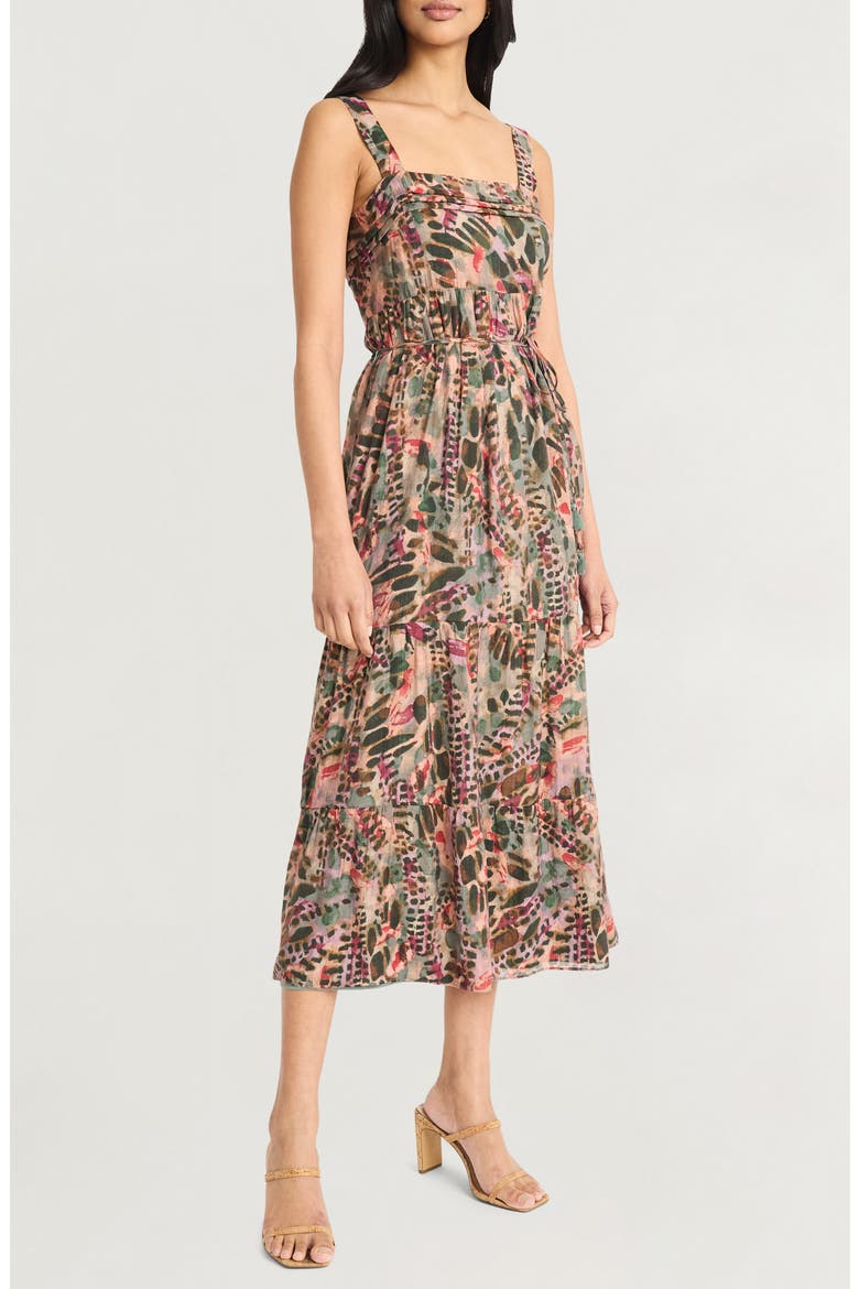 Square Neck Tiered Midi Sundress, Alternate, color, BROWN/ WINE/ CORAL
