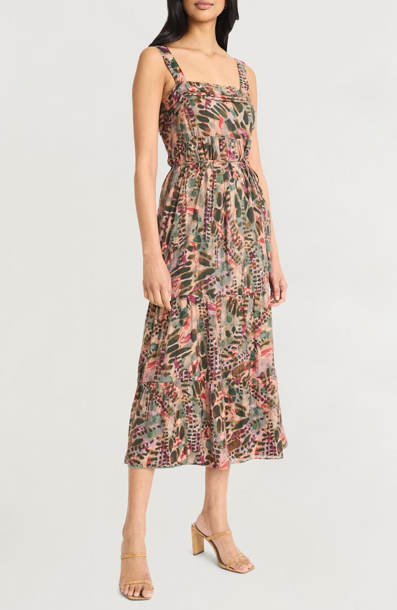 The Good Journey Square Neck Tiered Midi Sundress, Alternate, color, Brown/ Wine/ Coral