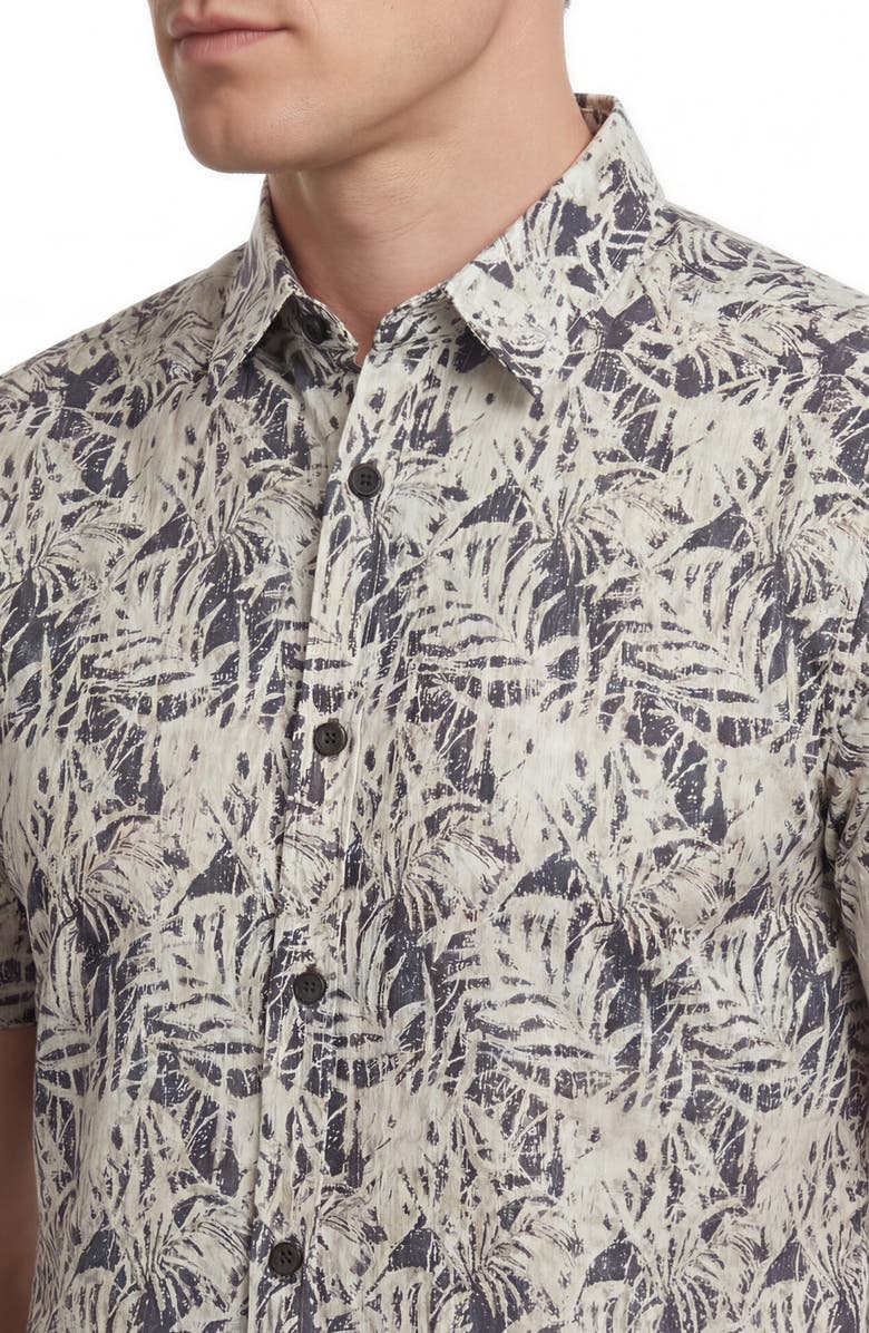 Report Collection Leaf Print Short Sleeve Linen & Cotton Blend Button-Up Shirt, Alternate, color, Navy