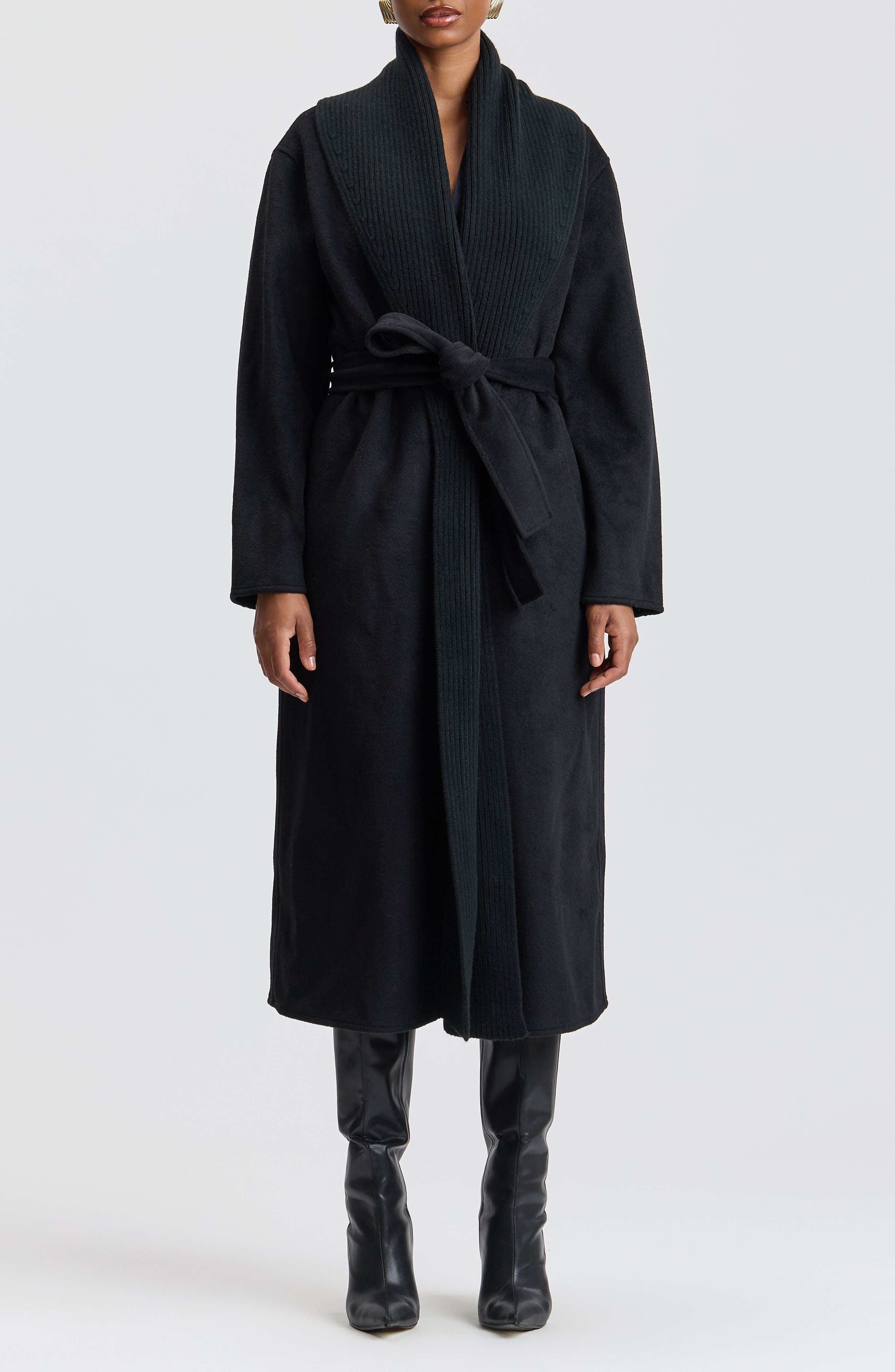 Mixed Media Shawl Collar Belted Coat