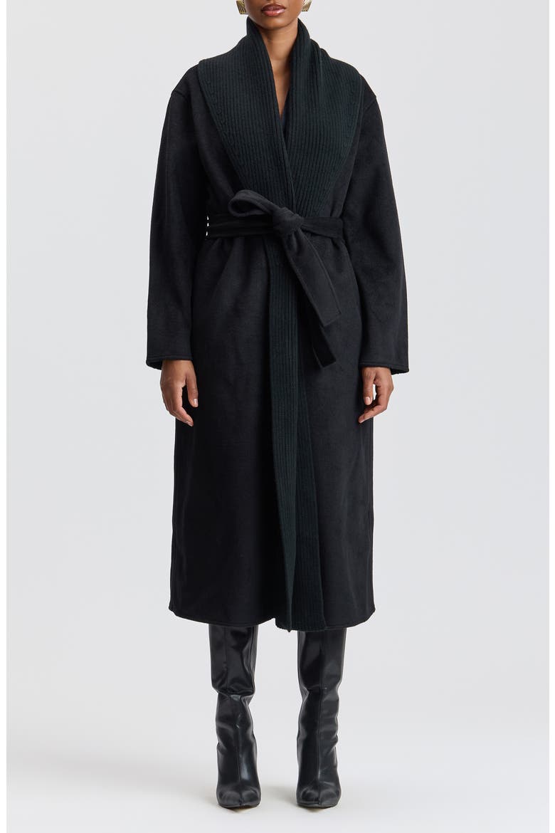 Mixed Media Shawl Collar Belted Coat, Main, color, BLACK