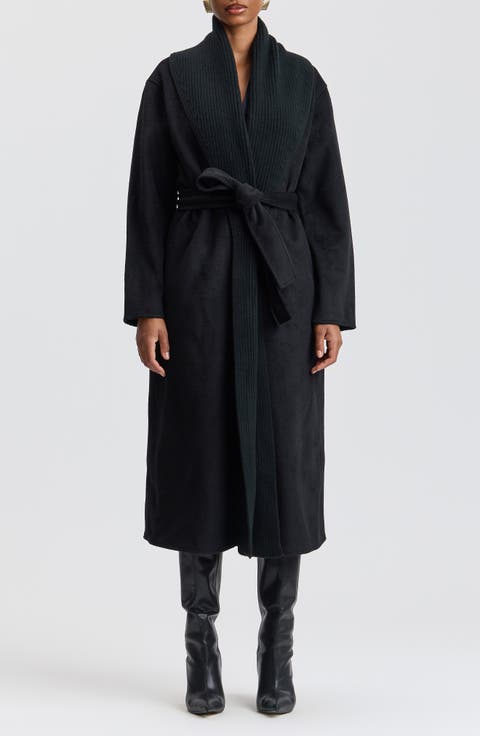 Mixed Media Shawl Collar Belted Coat