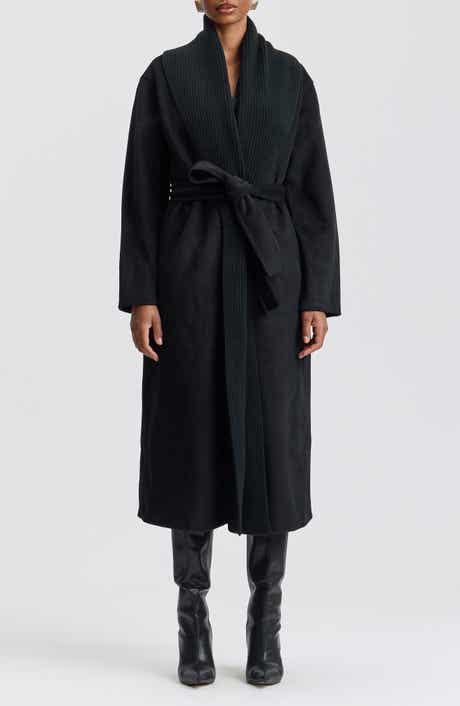 Mixed Media Shawl Collar Belted Coat