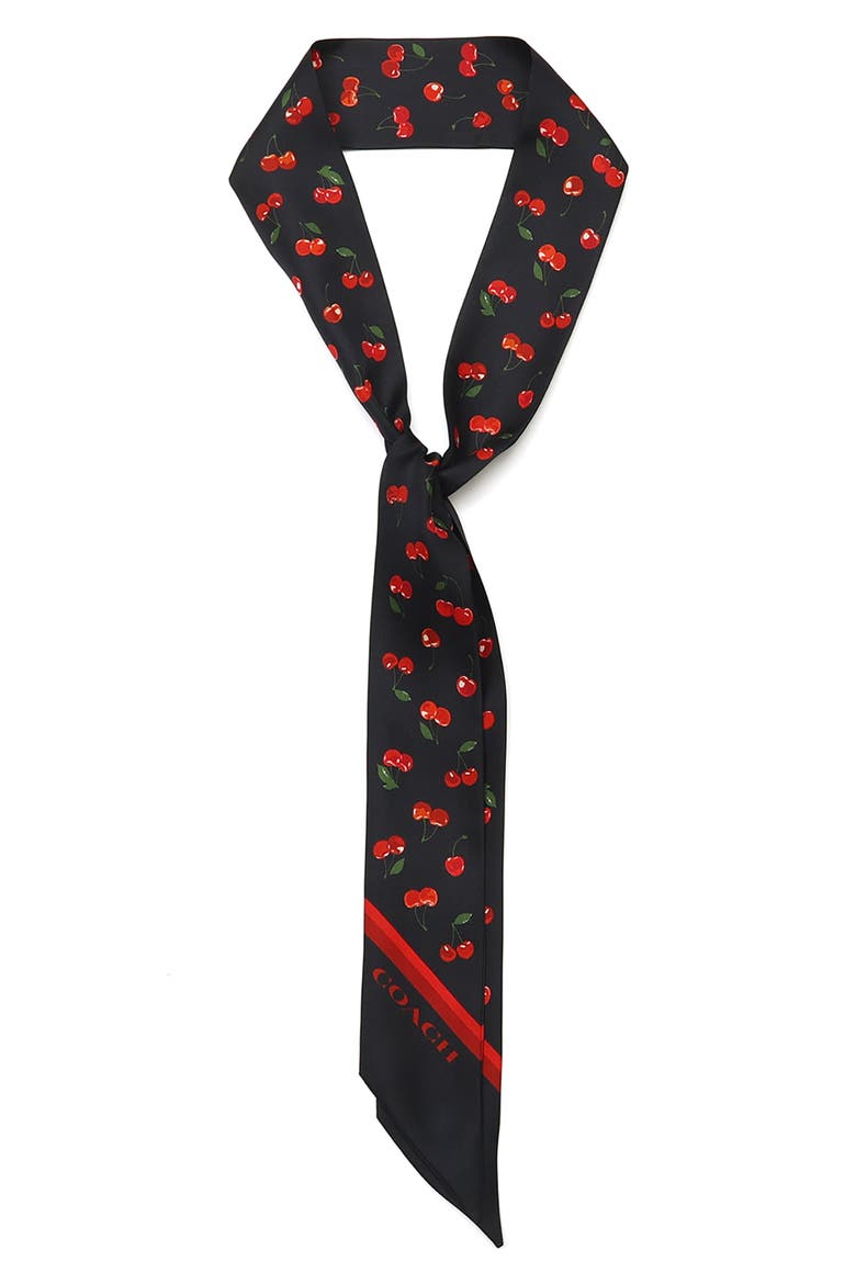 Cherry Print Silk Skinny Scarf, Alternate, color, NAVY MULTI