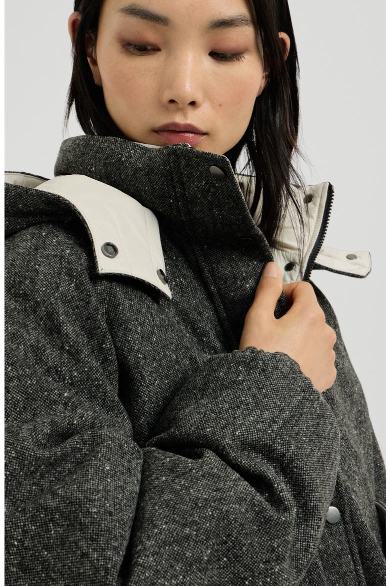 Virgin wool donegal down jacket with detachable hood and shiny zipper pull, Alternate, color, Anthracite