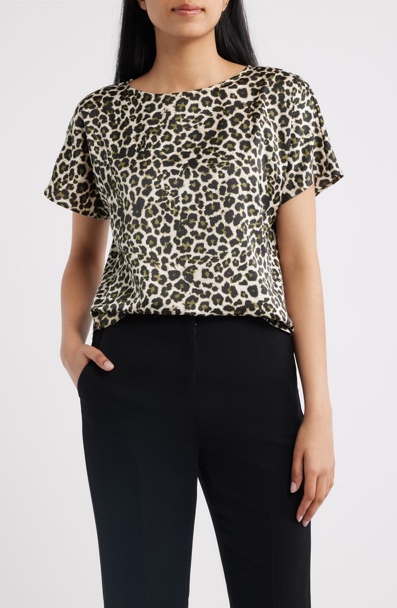 Anne Klein Leopard Print Short Sleeve Top, Main, color, Bay Leaf Multi