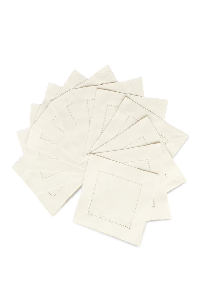 Cotton Linen Hemstitch Cocktail Napkins Set of 12, 6 x 6", Main, color, Ivory