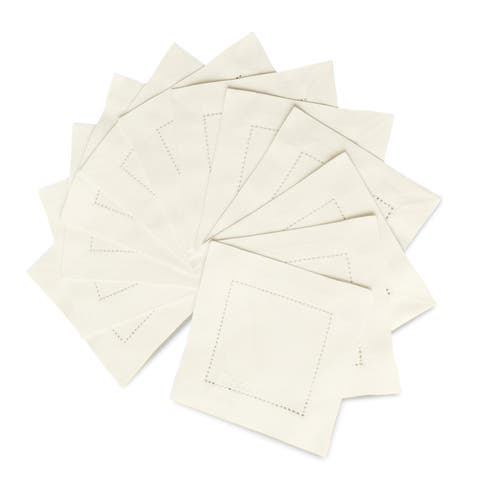 Cotton Linen Hemstitch Cocktail Napkins Set of 12, 6 x 6"