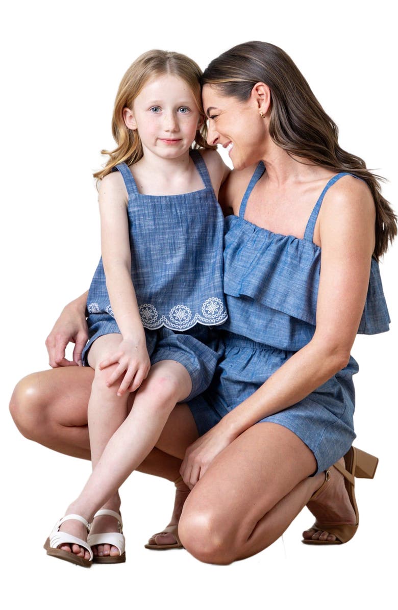 Hope & Henry Girls' Organic Faux Tank Scallop Edge Chambray Romper, Toddler, Main, color, 