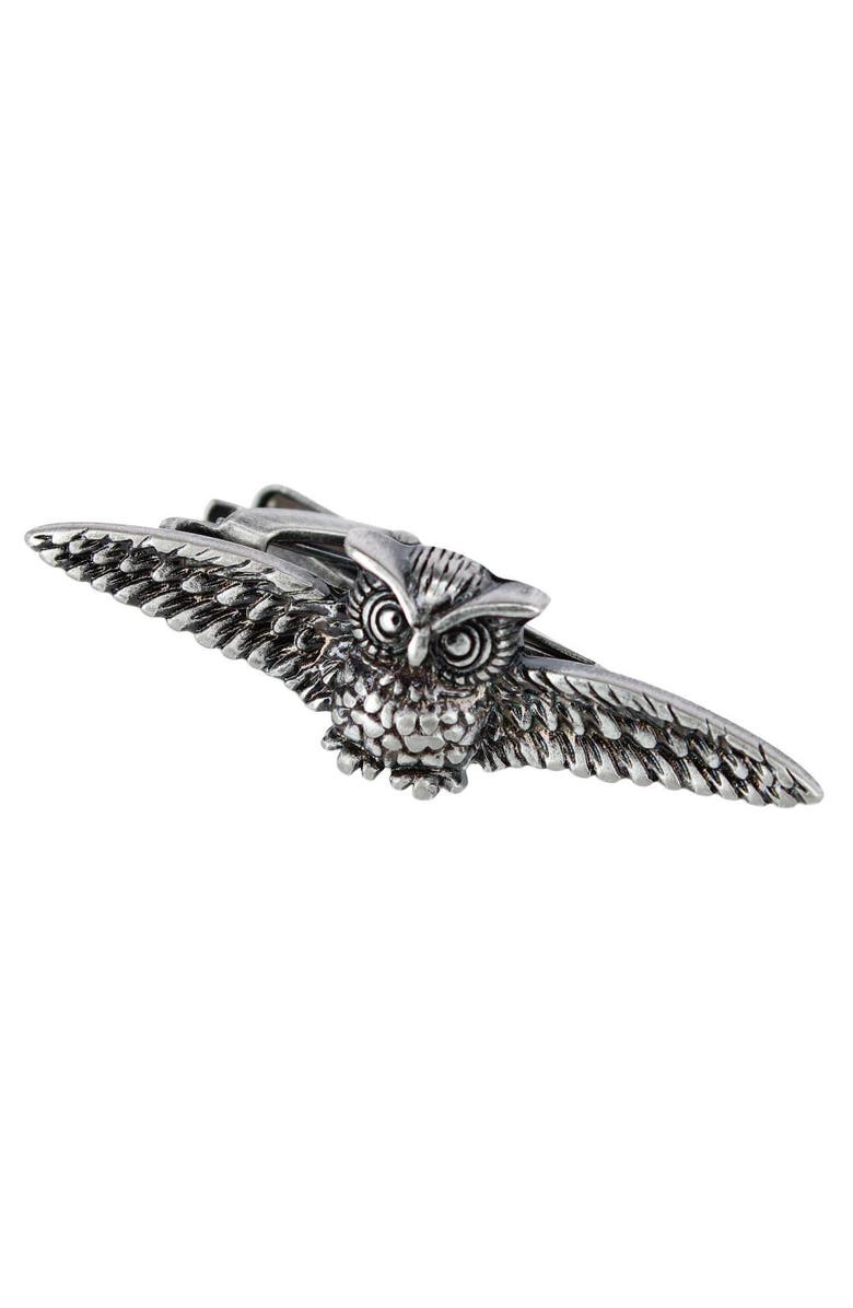 Trafalgar Majestic Owl Antique Silver Tie Bar, Main, color, Antique Silver