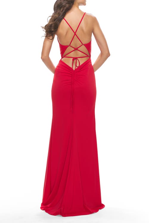 La Femme Soft Jersey Dress With Knot Waist And Lace Up Back