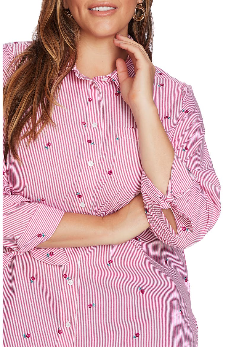 Floral Embroidery Pinstripe Cotton Button-Up Shirt, Alternate, color, APRES PINK