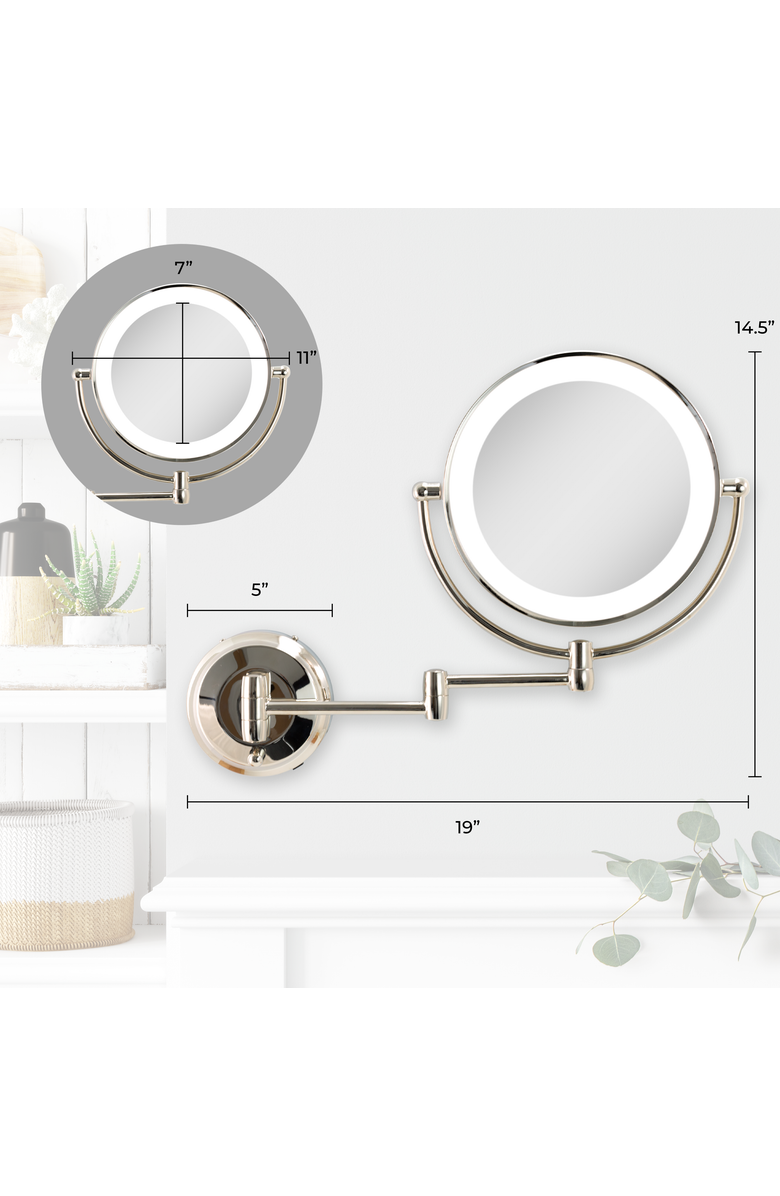 Zadro Lighted Wall Mounted Makeup Mirror with 10X/1X Magnification & Extendable Arm, Alternate, color, Polished Nickel