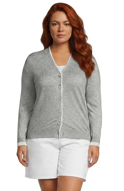 Double Trim Cotton V Neck Cardigan Sweater