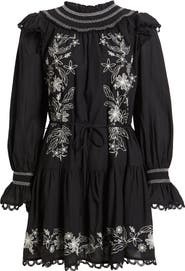 Treasure & Bond Smocked Embroidered Long Sleeve Minidress