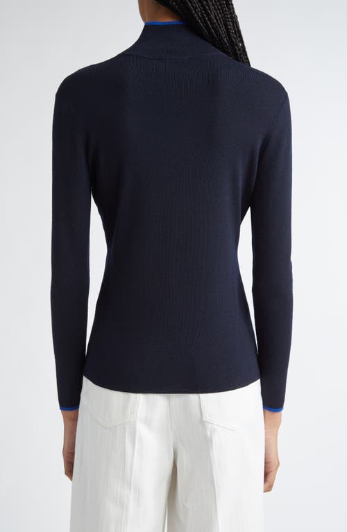 Akris Punto Contrast Trim Virgin Merino Wool Zip Front Cardigan In Blue