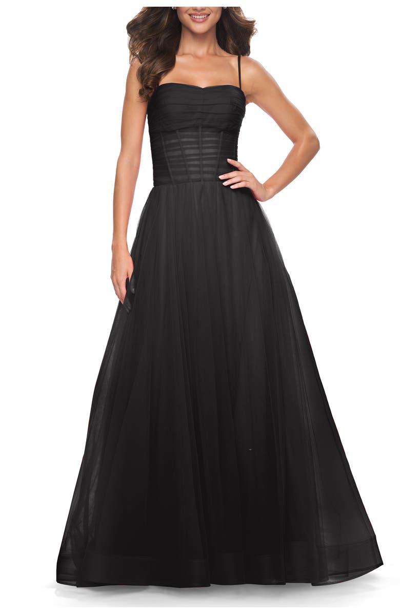 La Femme A-line Square Neck Tulle Ballgown with Illusion Waist, Main, color, Black
