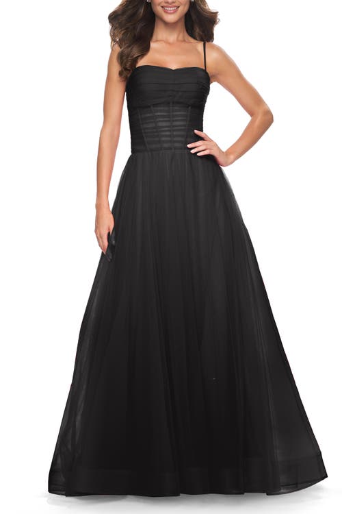 La Femme A-line Square Neck Tulle Ballgown With Illusion Waist