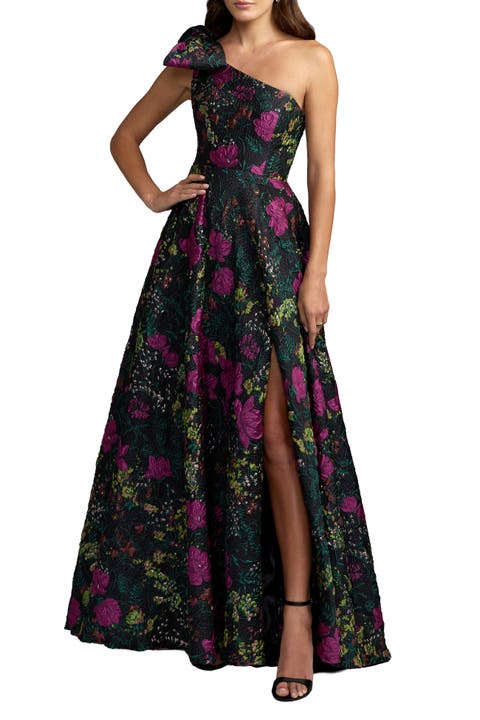 Petite One Shoulder Floral Brocade Ball Gown with Bow