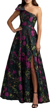 Mac Duggal Petite One Shoulder Floral Brocade Ball Gown with Bow