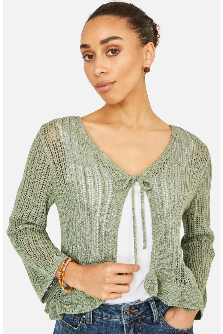 Tie Front Pointelle Cardigan, Alternate, color, Sage Green