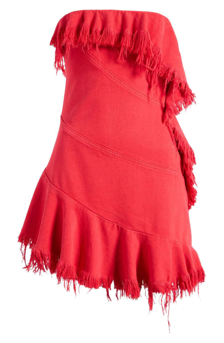 Mistress Rocks Frayed Strapless Denim Minidress, Alternate, color, Red