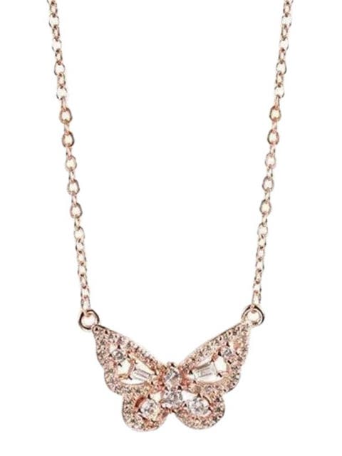 Elegant 18k Rose Gold Butterfly Pendant Necklace with Sparkling Cubic Zirconia Stones