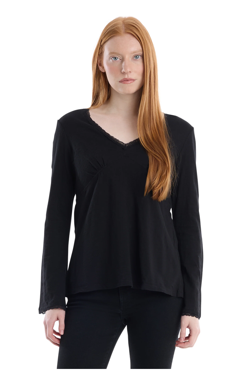WILT Clothing V-Neck Long Sleeve Empire Seam Trapeze Tee with Lace Trims, Main, color, Black