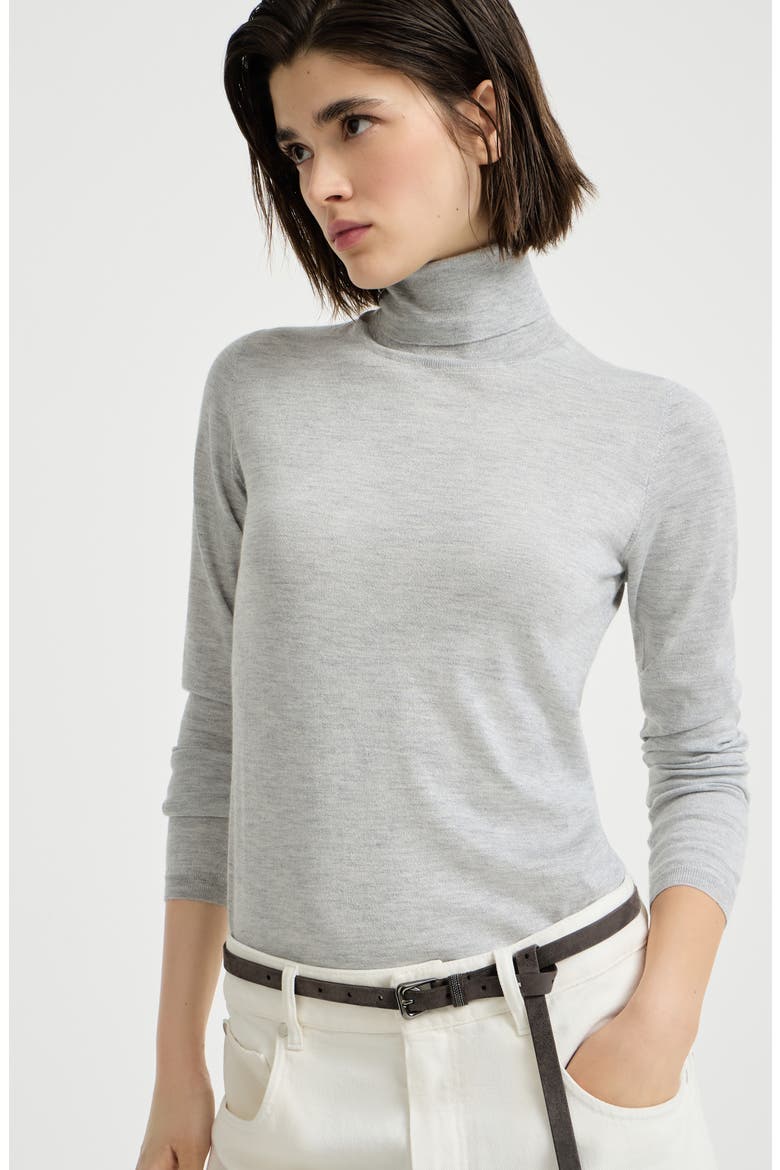 Sparkling cashmere and silk lightweight turtleneck sweater, Alternate, color, Pebble