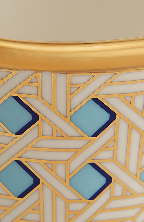 Jonathan Adler Basketweave Pedestal Decorative Bowl In White/light Teal/gold