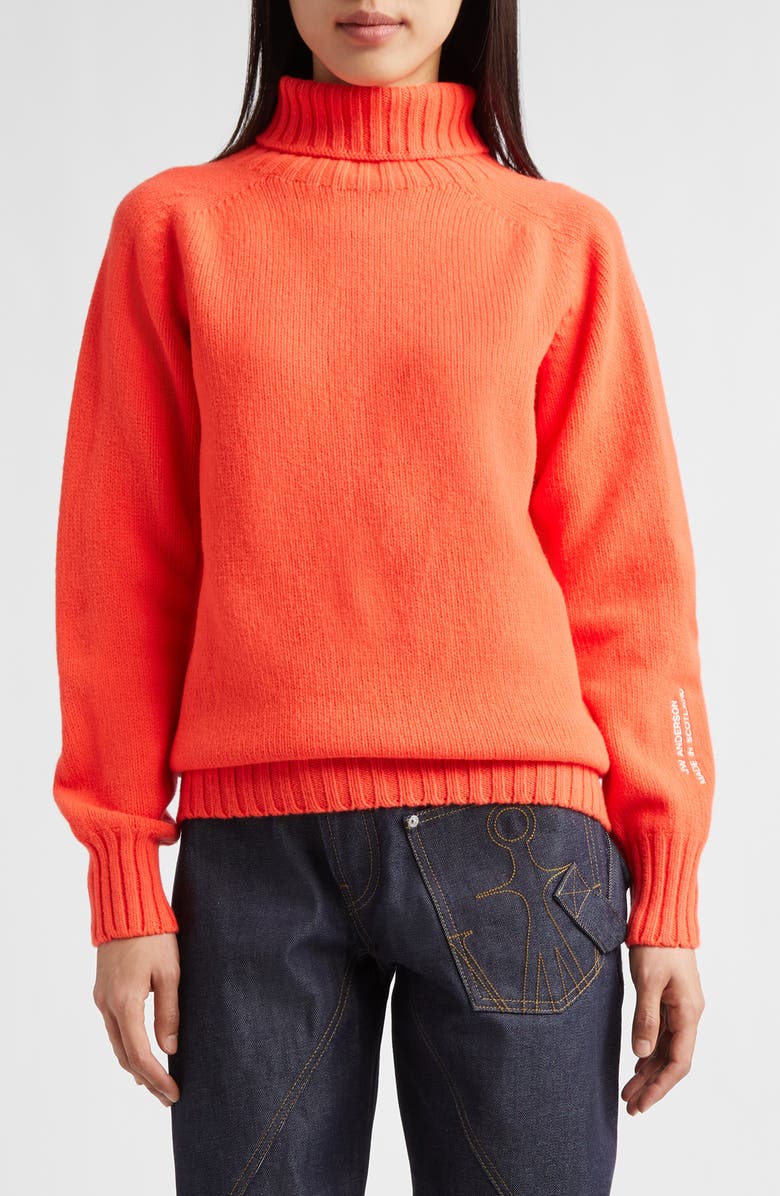 JW Anderson Logo Embroidered Wool Turtleneck Sweater, Main, color, Neon Orange