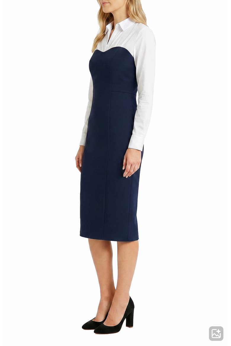 Sweetheart Long Sleeve Mixed Media Sheath Dress, Alternate, color, NAVY