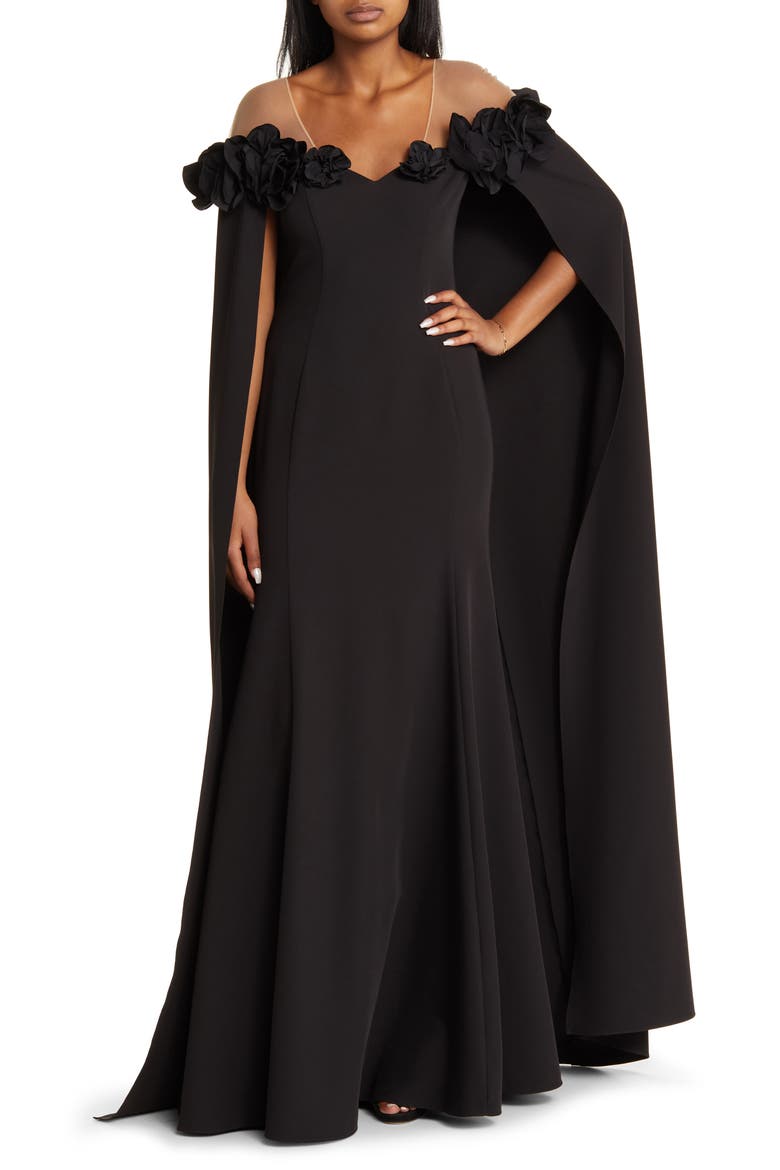 Flower Detail Illusion Shoulder Cape Gown, Main, color, BLACK