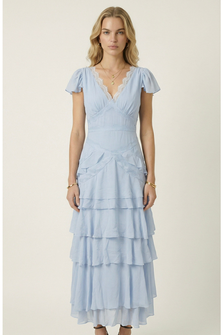 Lace Trim Tiered Maxi Dress, Main, color, Pastel Blue