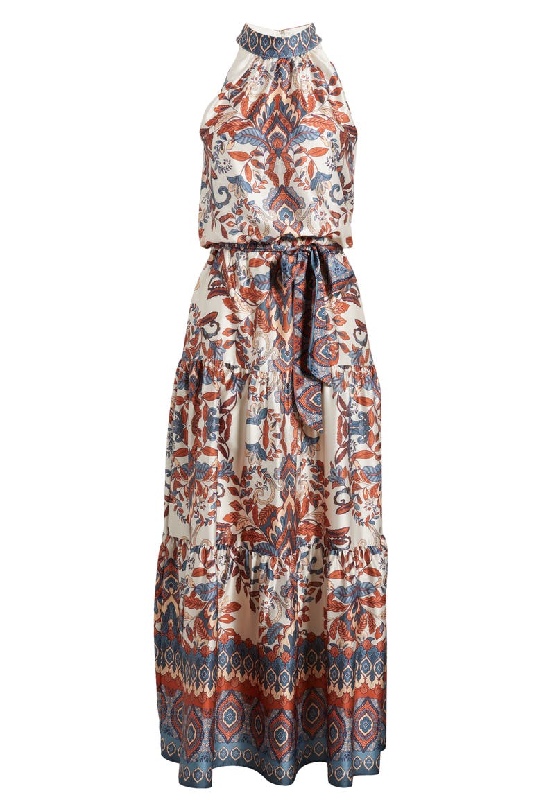 Sleeveless Tiered Mock Neck Waist Tie Dress, Alternate, color, IVORY MULTI
