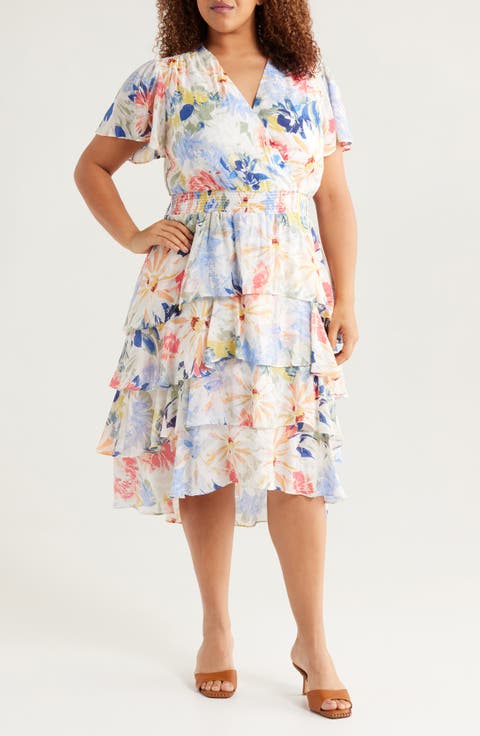 Floral Tiered Chiffon Cocktail Dress (Plus)