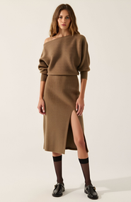 Modenaire Rib-Knit One-Shoulder Dolman Midi Sweater Dress