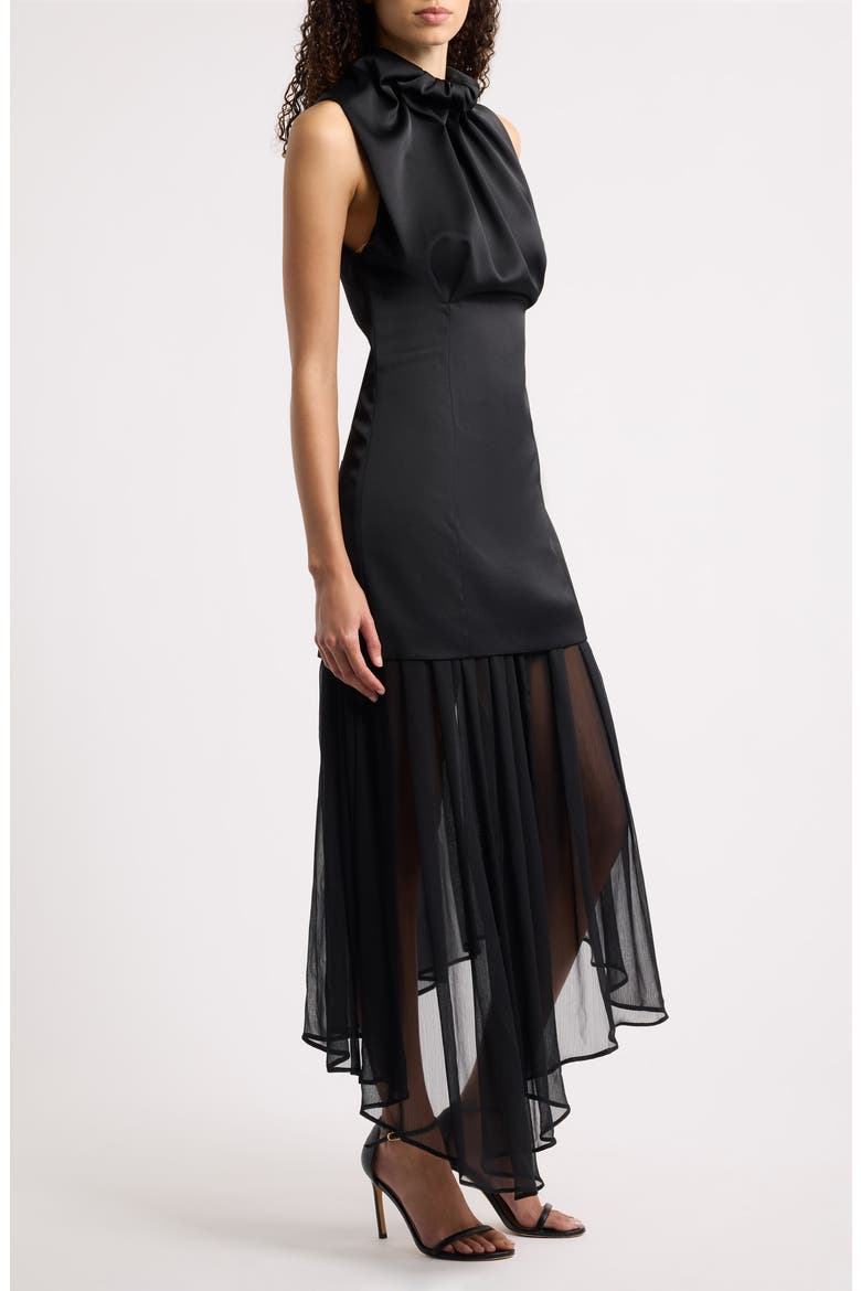 Draped High Neck Asymmetric Satin & Chiffon Dress, Alternate, color, BLACK