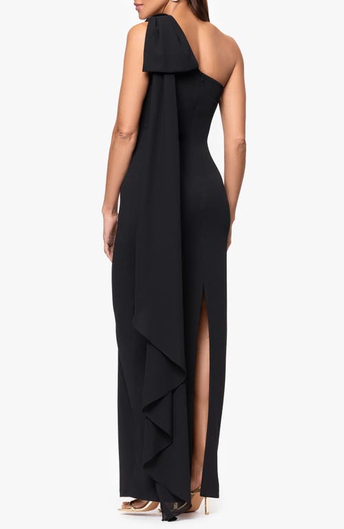 Xscape Evenings Scarf Detail One-shoulder Scuba Crepe Sheath Gown In Black